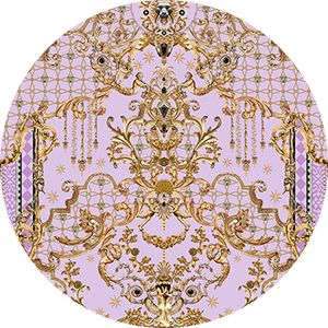 Circle displaying the print in CAMILLA's LAVENDER EVER AFTER print collection