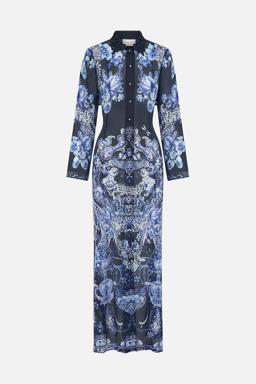 CAMILLA silk trench in Delft Dynasty print