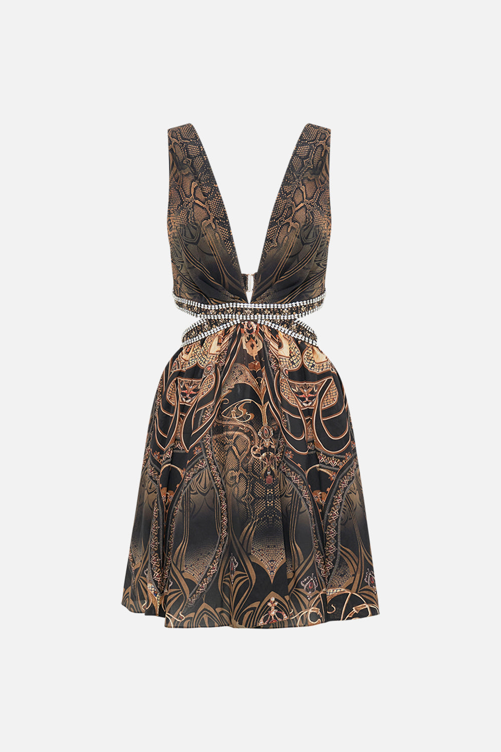 CAMILLA cut out mini dress in Nouveau Noir print