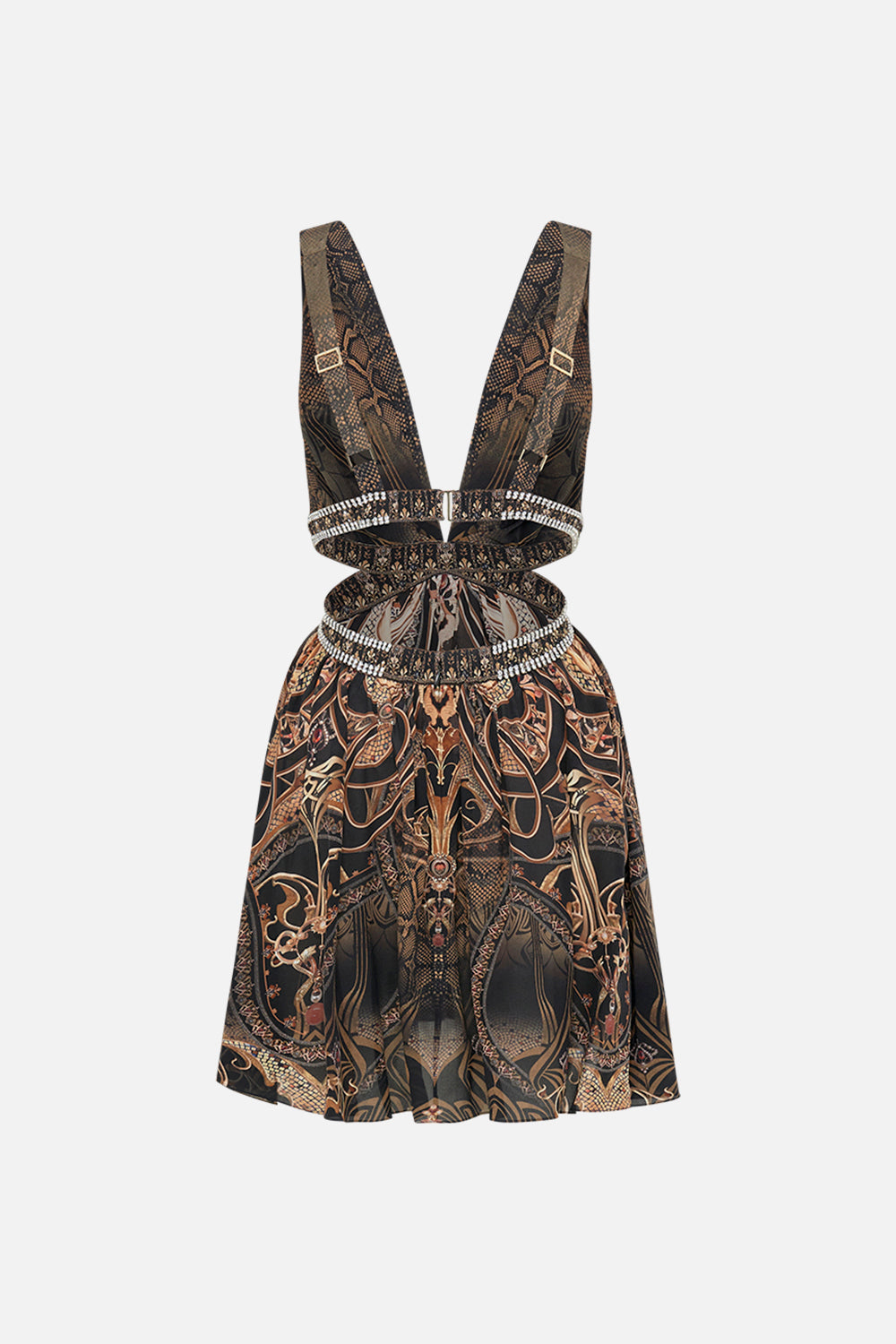 CAMILLA cut out mini dress in Nouveau Noir print