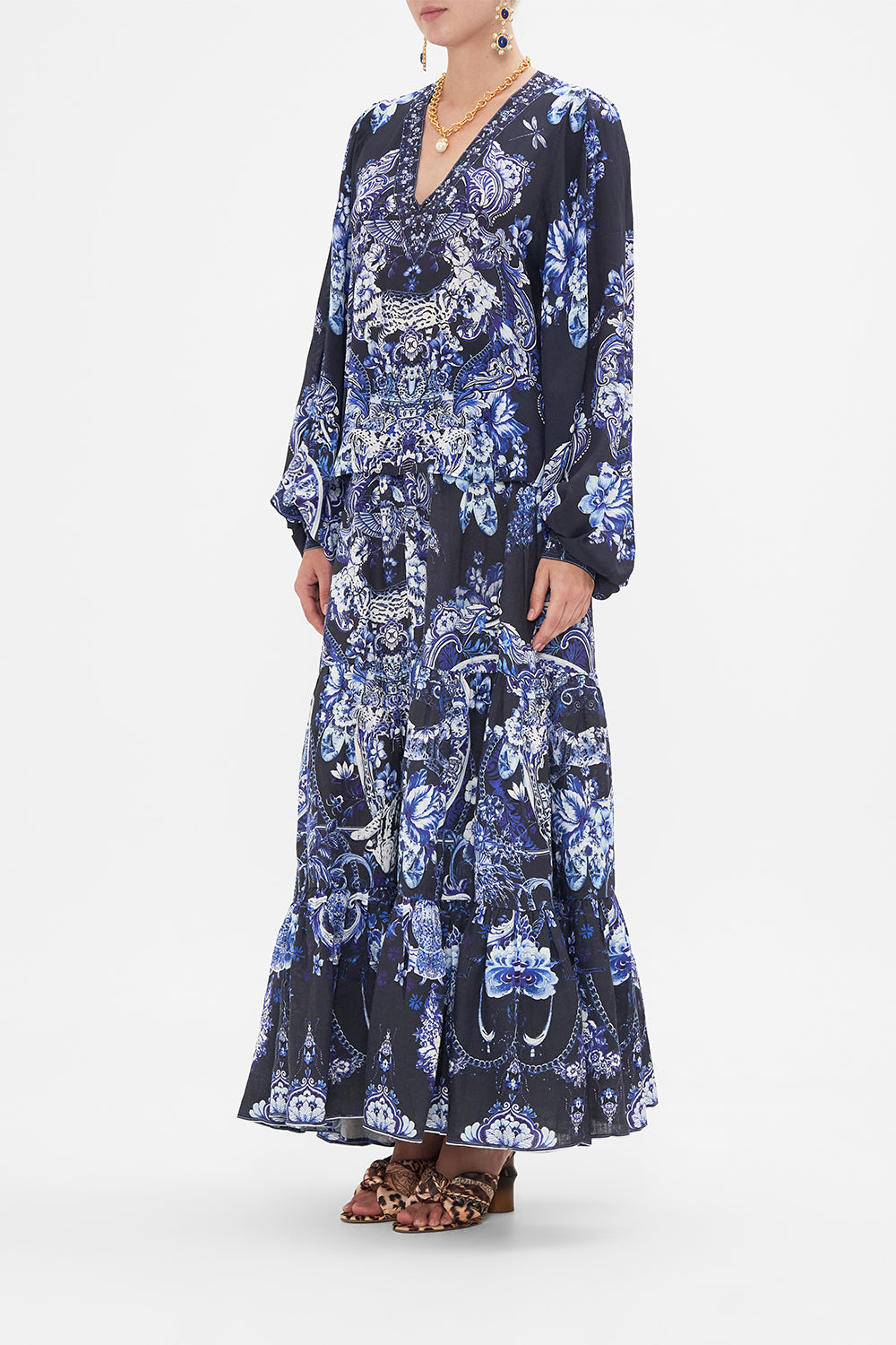 CAMILLA silk blouse in Delft Dynasty print