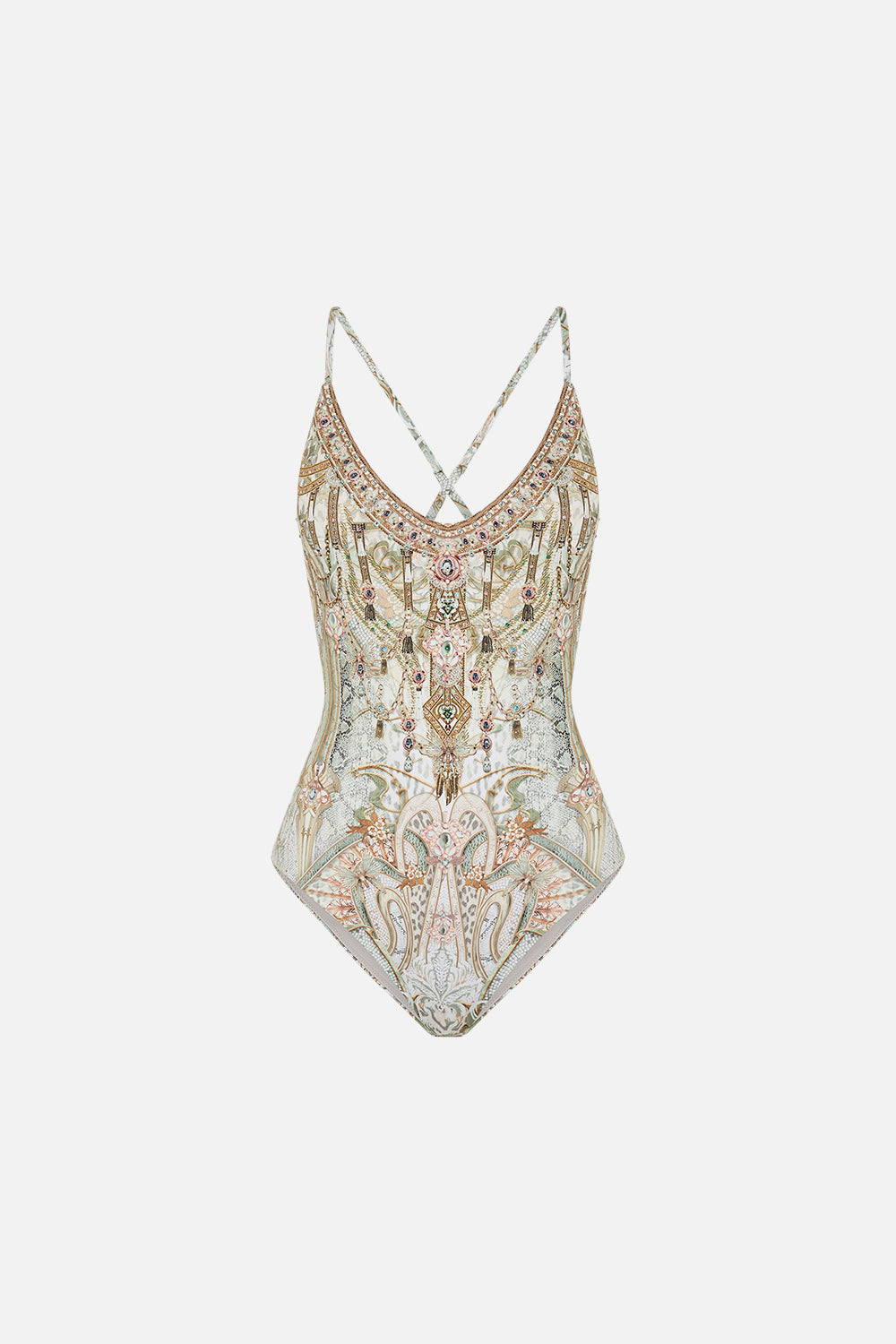 CAMILLA resortwear onepiece swimsuit in Ivory Tower Tales print