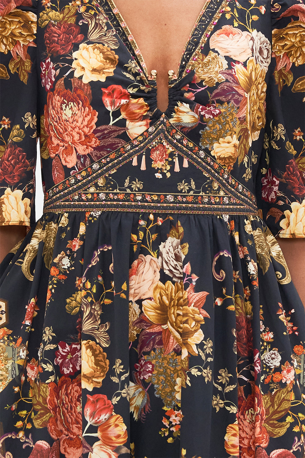 CAMILLA Floral Puff Sleeve Long Dress with Hardware in Stitched in Time