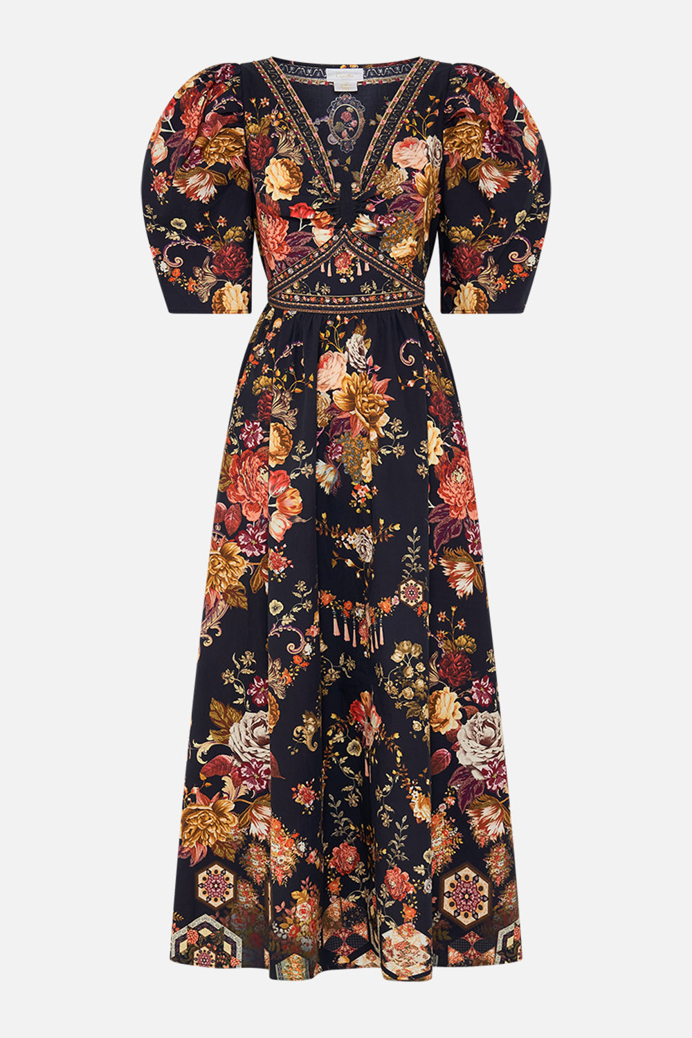 CAMILLA Floral Puff Sleeve Long Dress with Hardware in Stitched in Time