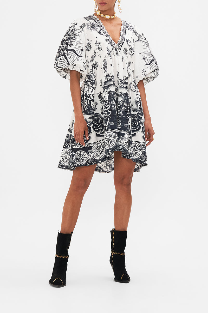 PUFF SLEEVE SHORT DRESS WITH HARDWARE ETCHED INTO ETERNITY