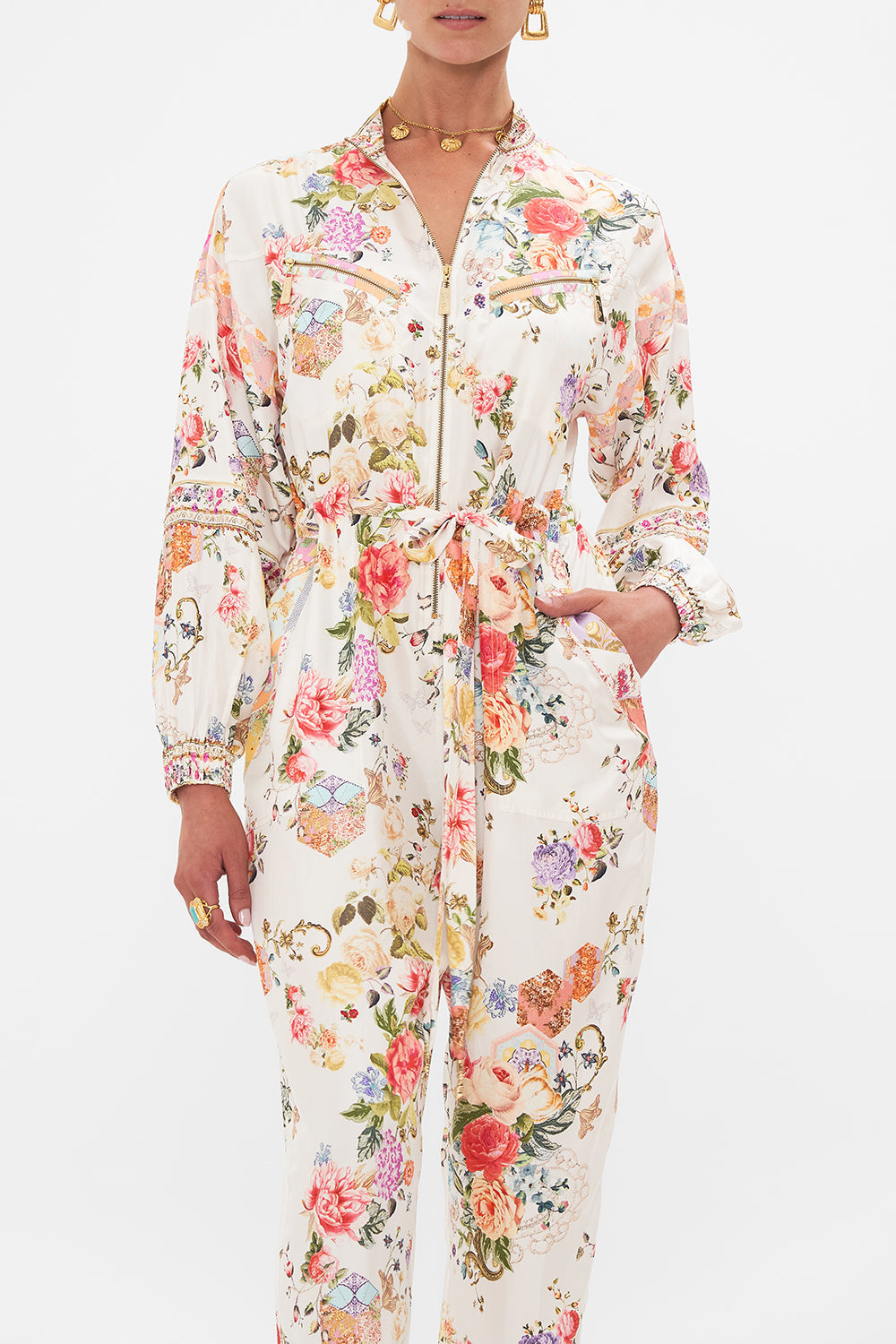 CAMILLA floral layered long sarong with front tie in Stitched in Time print.