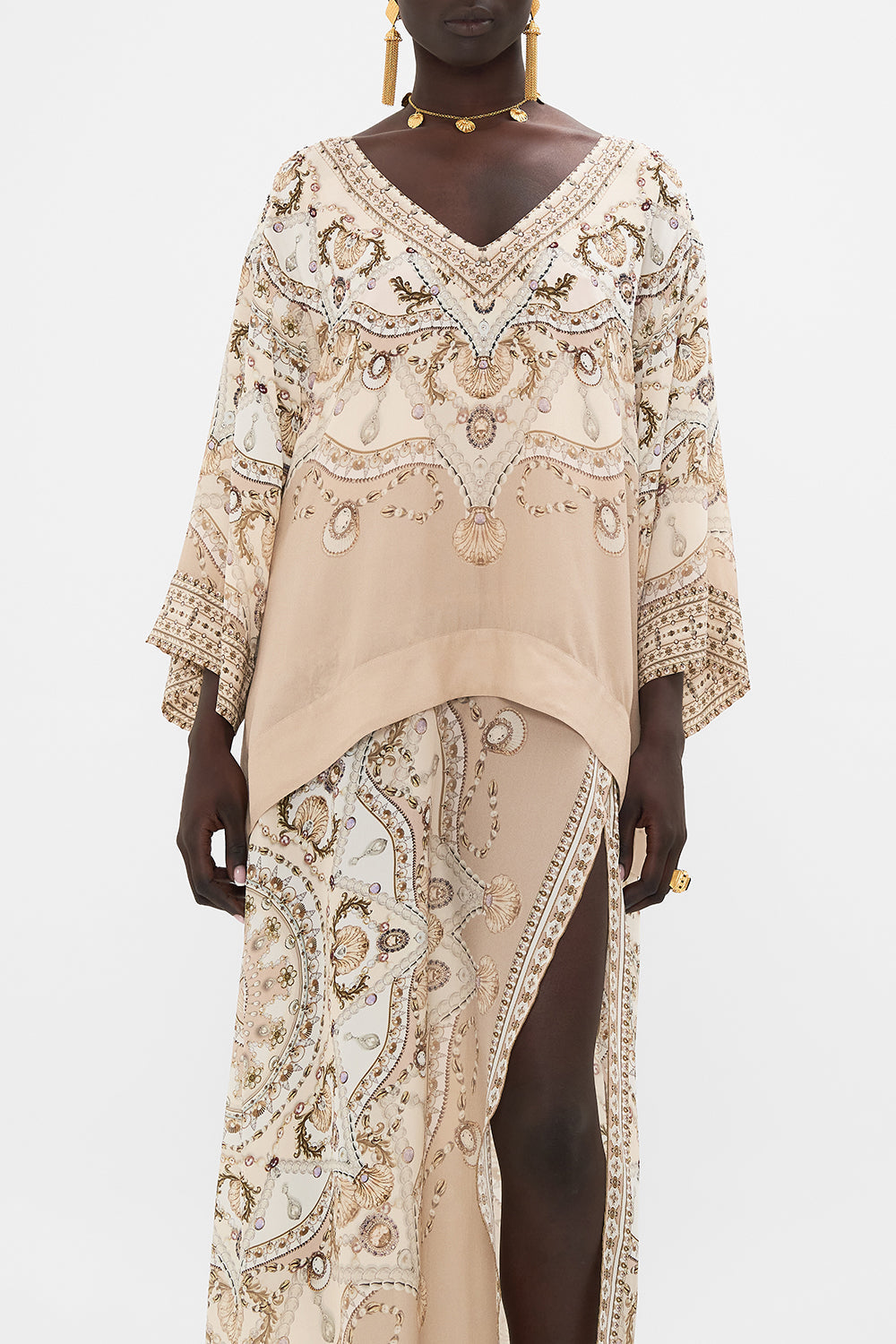 CAMILLA blush silk kaftan in Grotto Goddess print