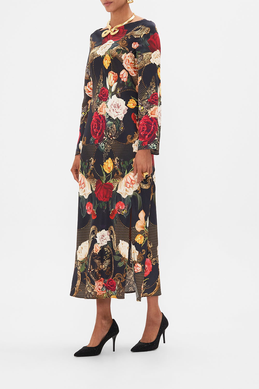 CAMILLA Black Long Sleeve Bias Dress in Magic in the Manuscripts print