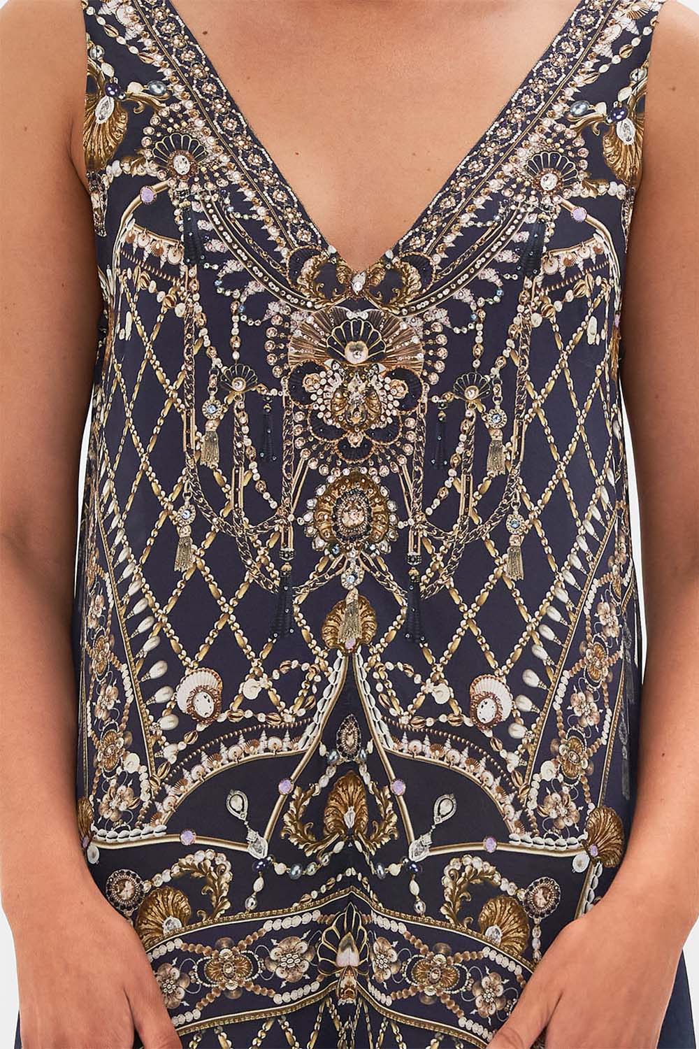 CAMILLA Gold V-Neck Flared Jumpsuit in Dance with the Duke print