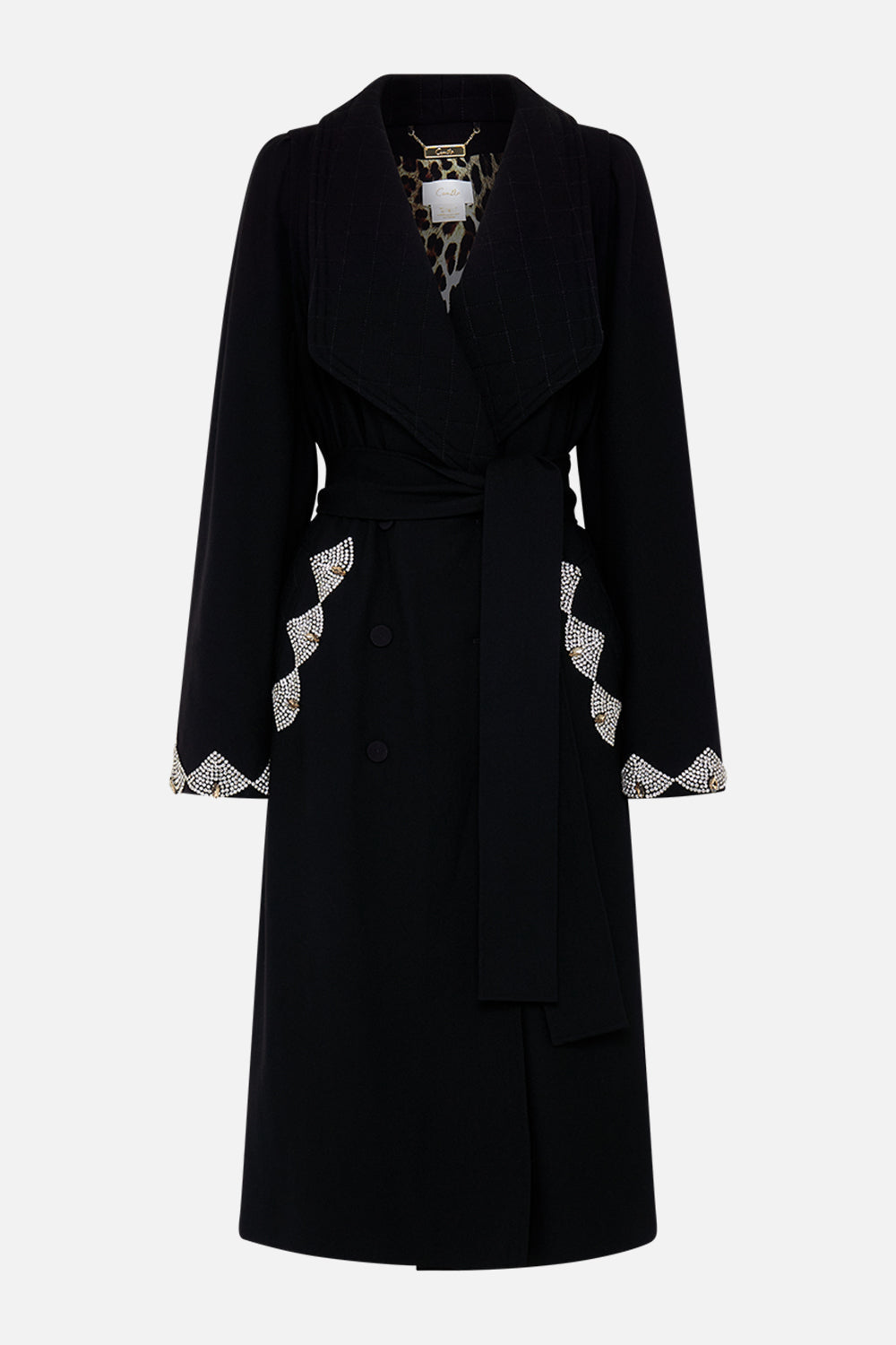 CAMILLA Black Quilted Collar Wool Coat with Vest Detail in Magic in the Manuscripts print