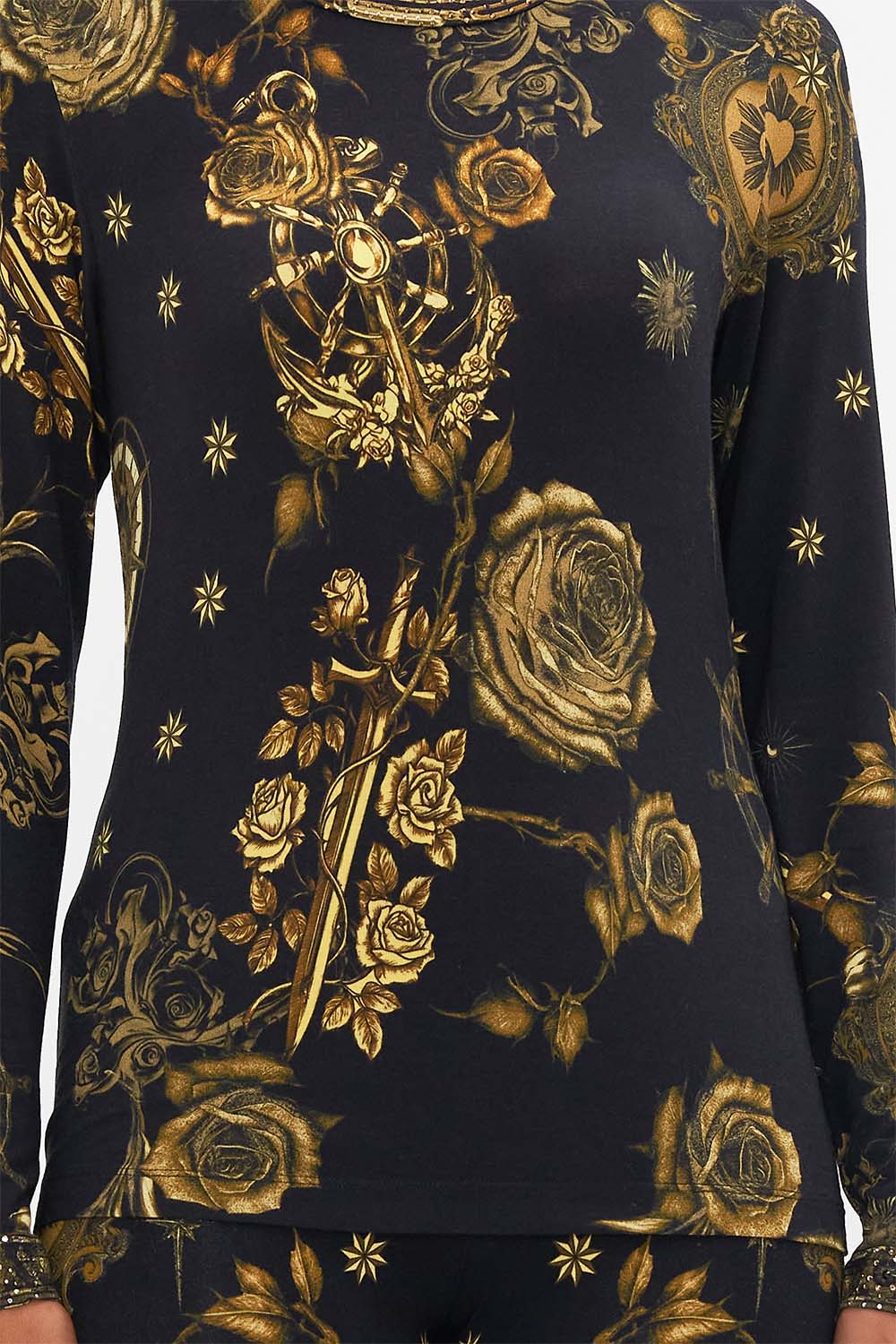 CAMILLA black long sleeve top in So Says the Oracle print.