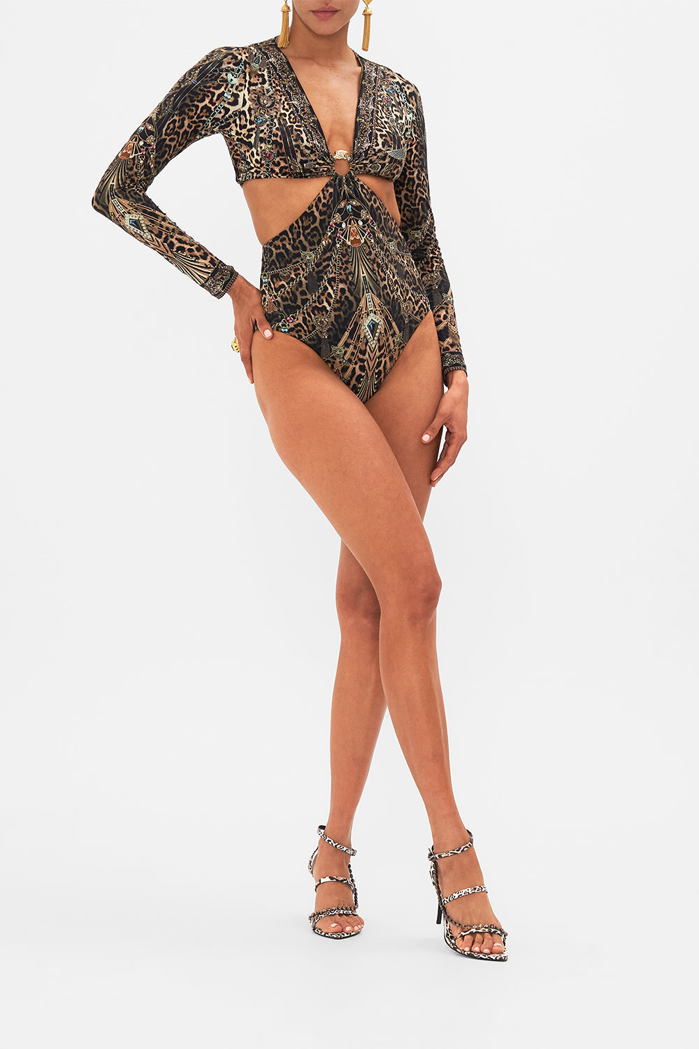 CAMILLA leopard cut-out bodysuit with trim in Amsterglam