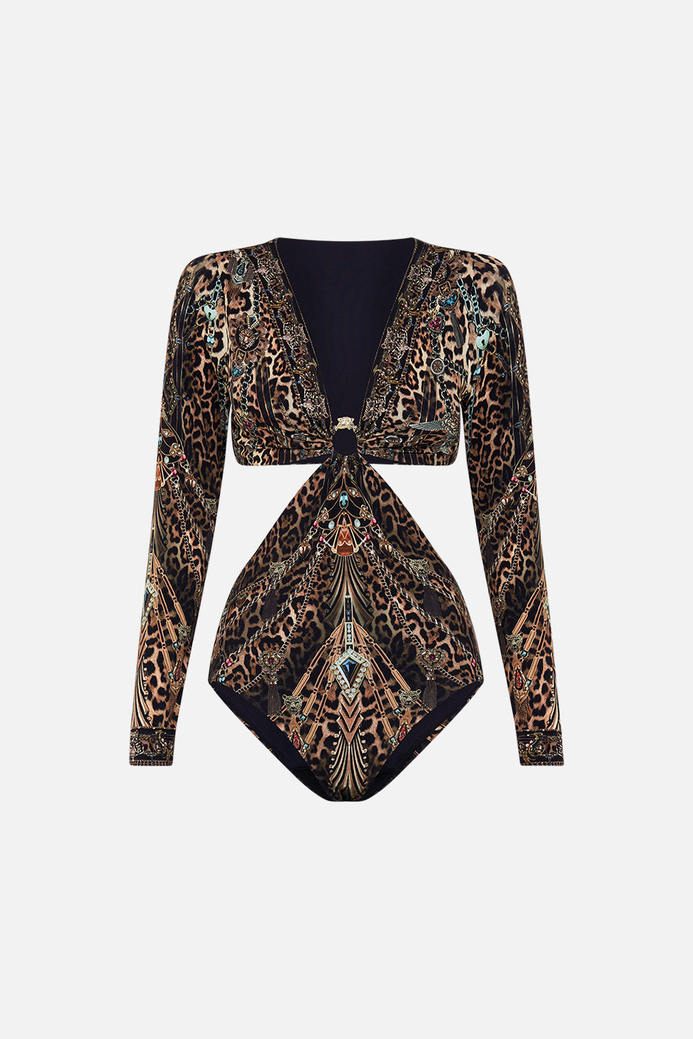 CAMILLA leopard cut-out bodysuit with trim in Amsterglam