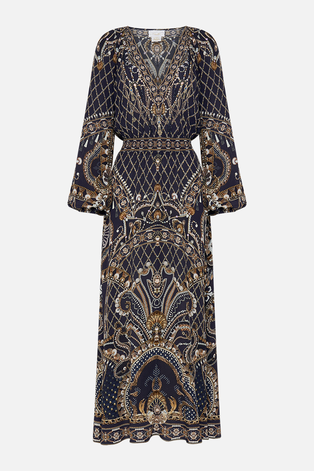 CAMILLA Gold Raglan Shirred Waist Dress in Dance with the Duke print