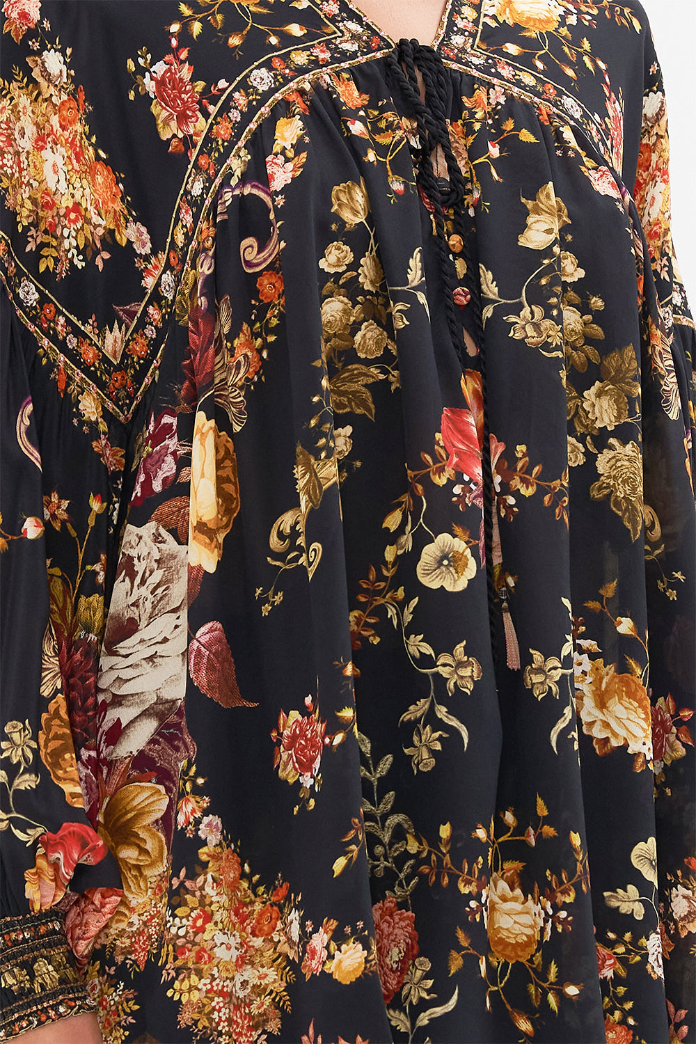 CAMILLA Floral Blouson Blouse with Neck Tie in Stitched in Time print