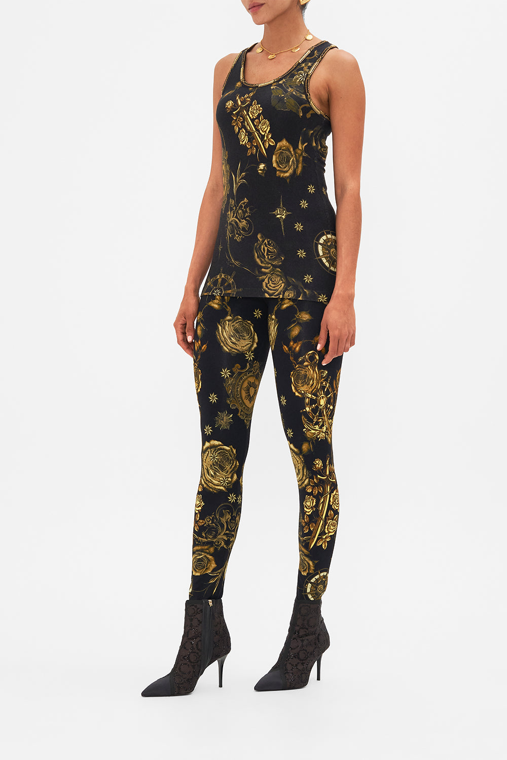 CAMILLA black jersey scoop neck tank top in So Says The Oracle print.