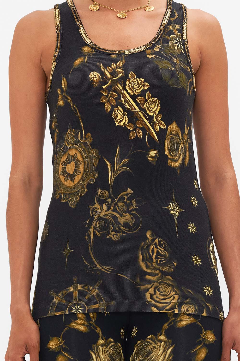 CAMILLA black jersey scoop neck tank top in So Says The Oracle print.