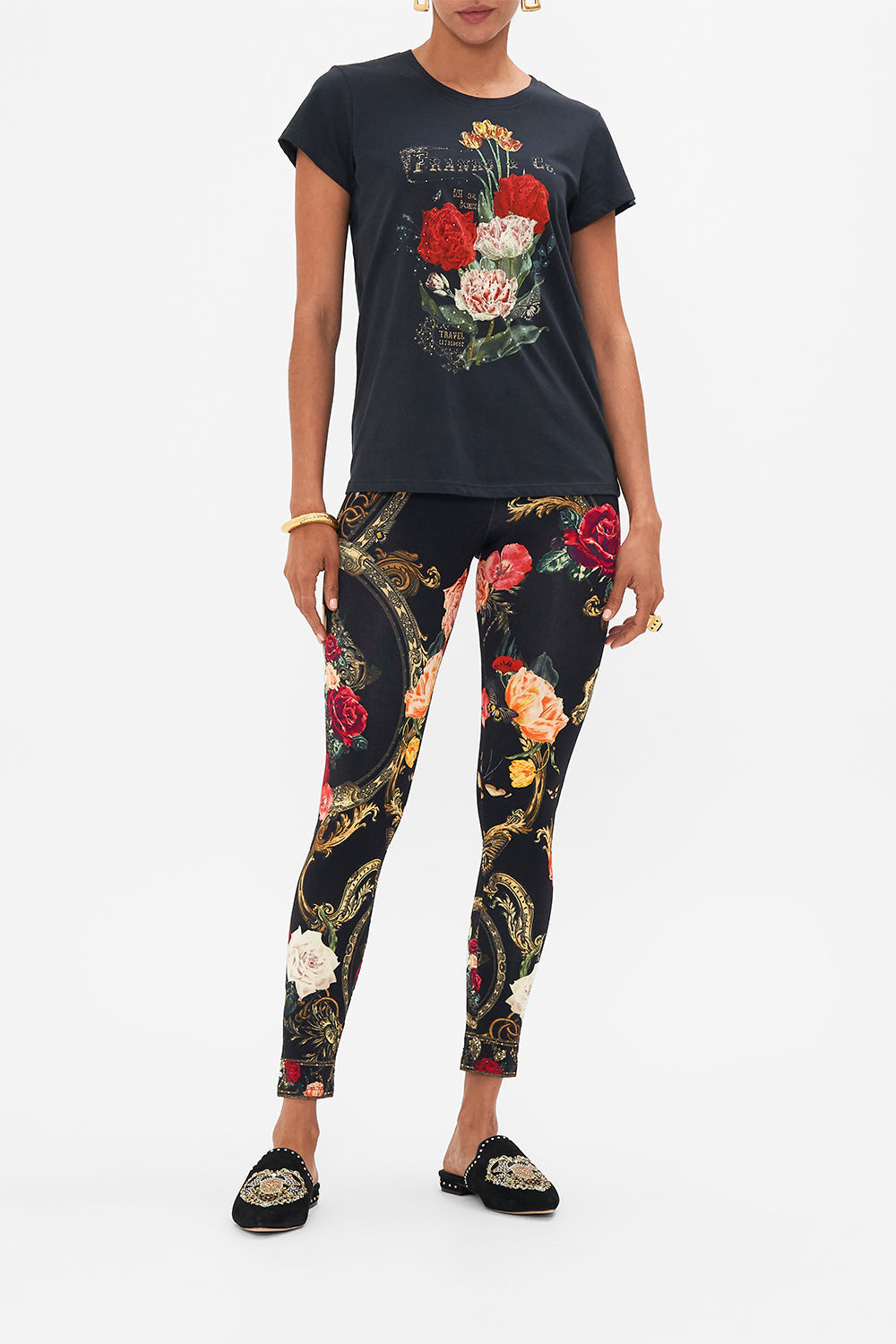 CAMILLA Black Slim Fit Round Neck T-Shirt in Magic in the Manuscripts print