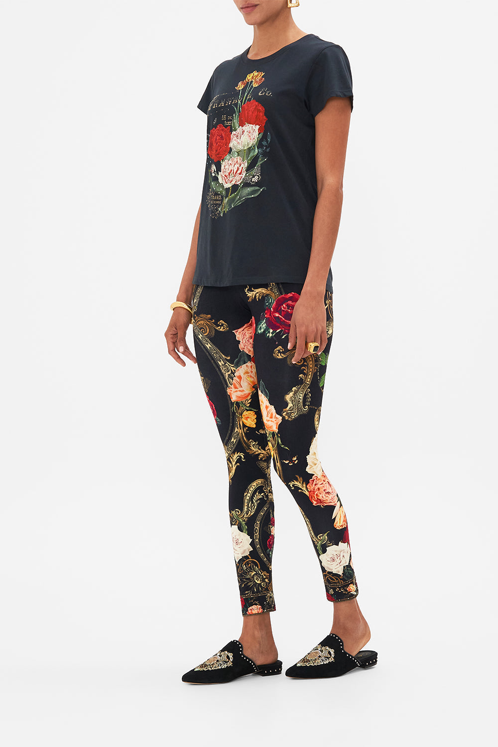 CAMILLA Black Slim Fit Round Neck T-Shirt in Magic in the Manuscripts print