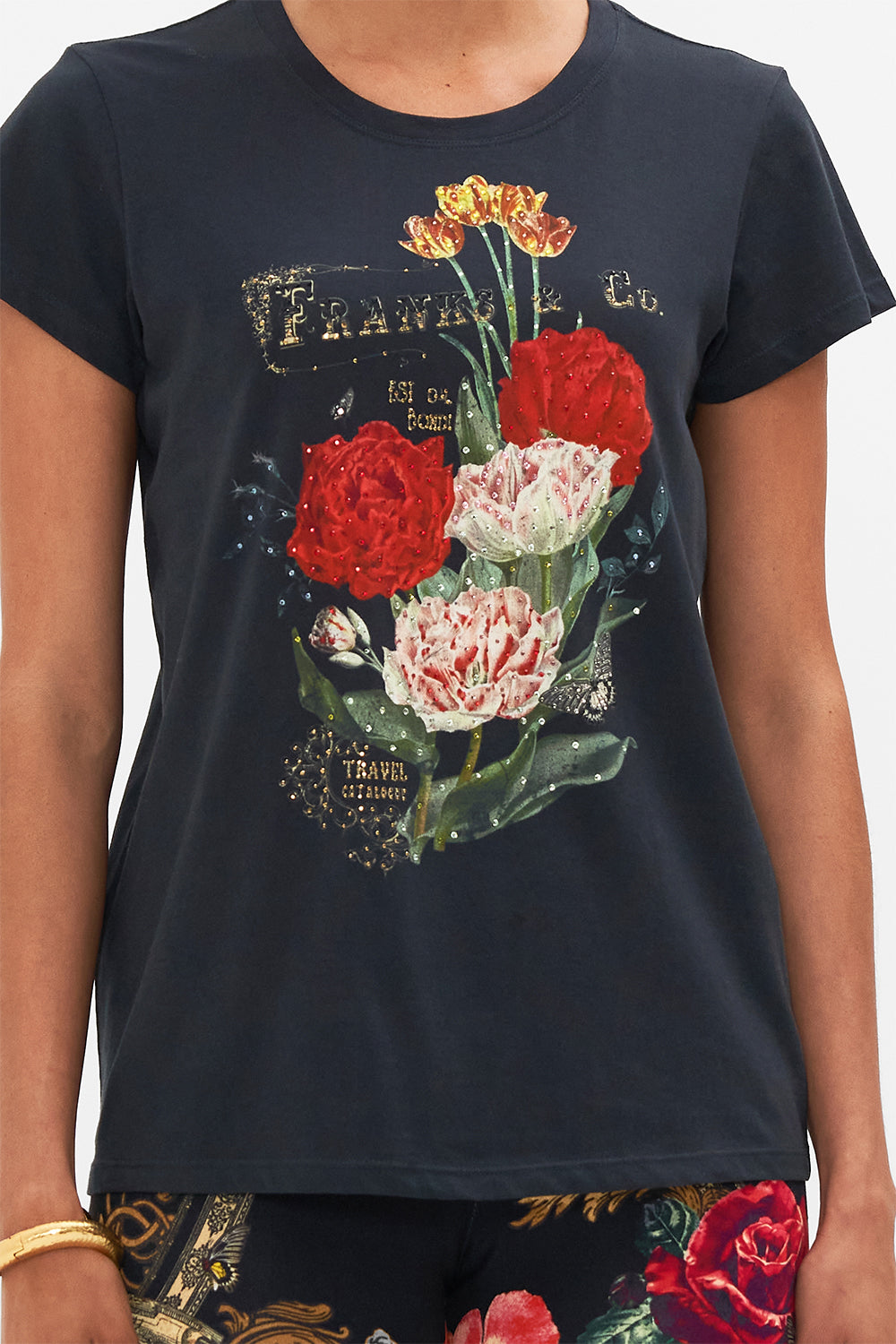 CAMILLA Black Slim Fit Round Neck T-Shirt in Magic in the Manuscripts print