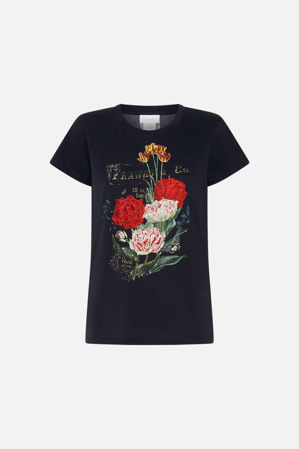 CAMILLA Black Slim Fit Round Neck T-Shirt in Magic in the Manuscripts print
