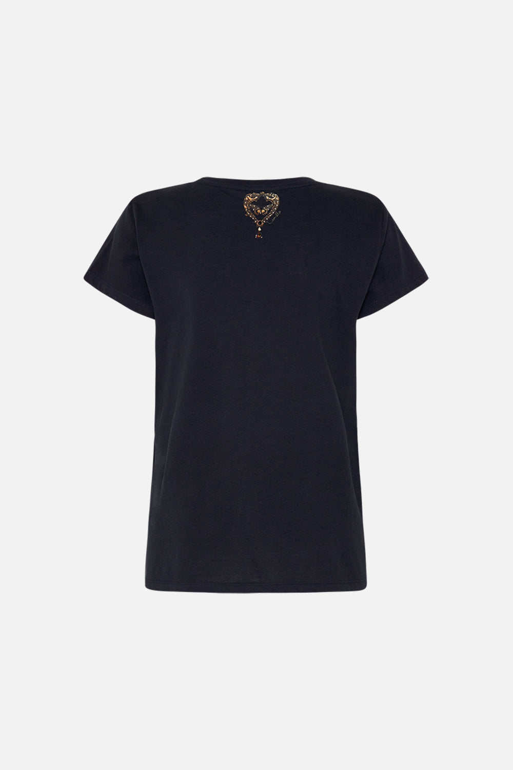 CAMILLA Black Slim Fit Round Neck T-Shirt in Magic in the Manuscripts print