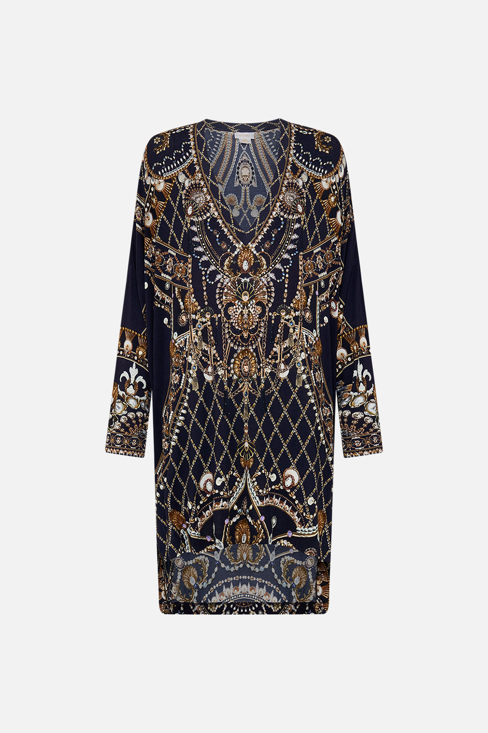 CAMILLA black/gold side split tee in Dance With The Duke print.