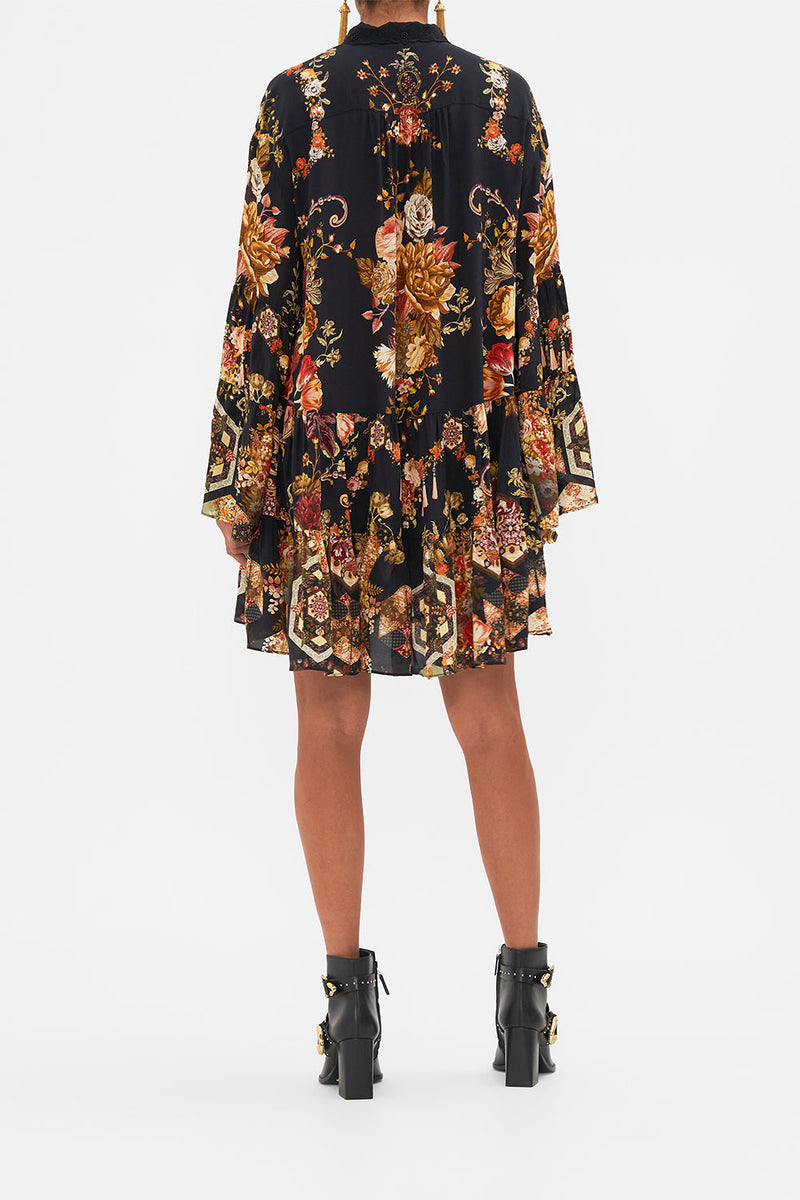 Long Tiered Collar Dress With Belt