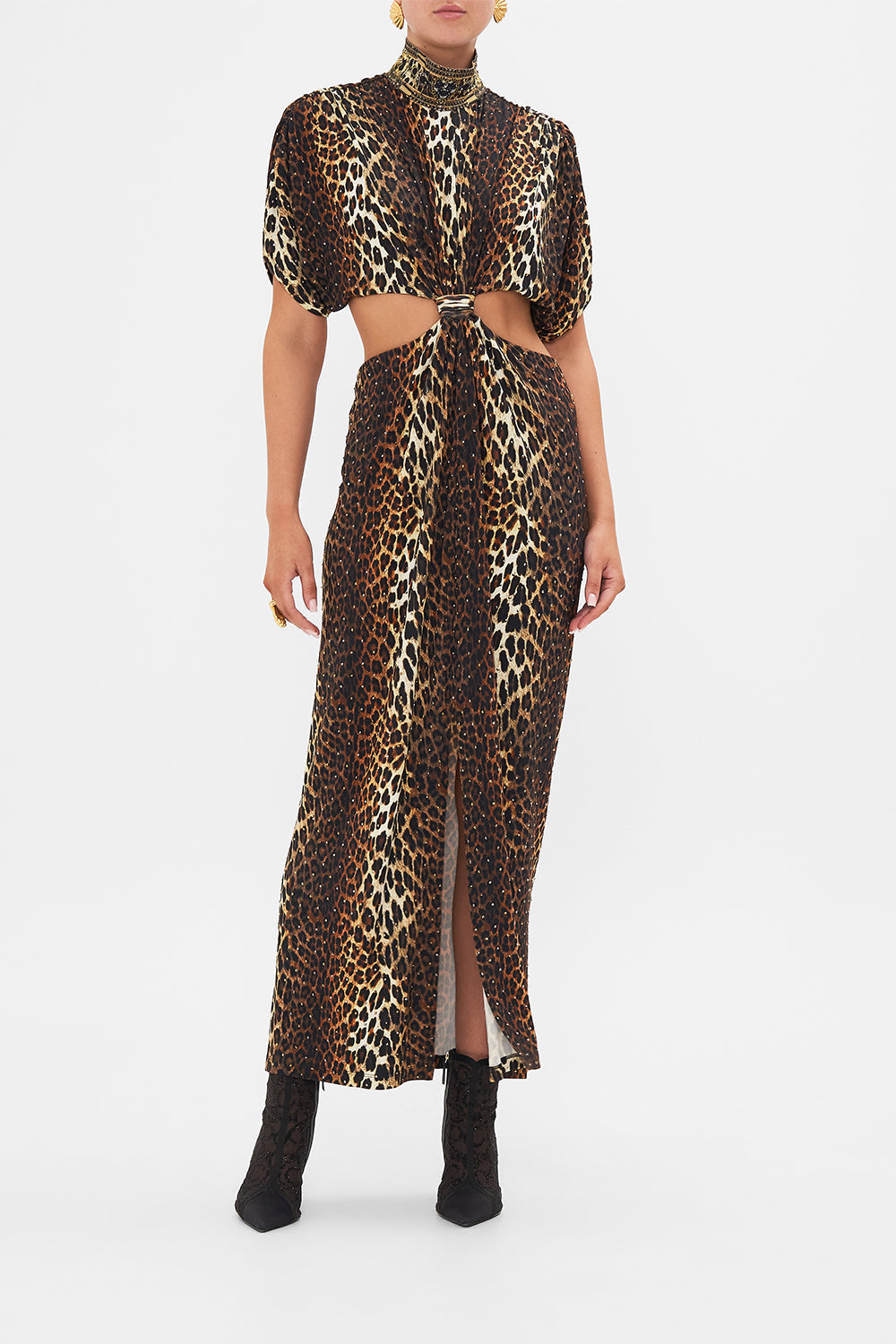 CAMILLA leopard high neck twist cut out jersey dress In Amsterglam print.
