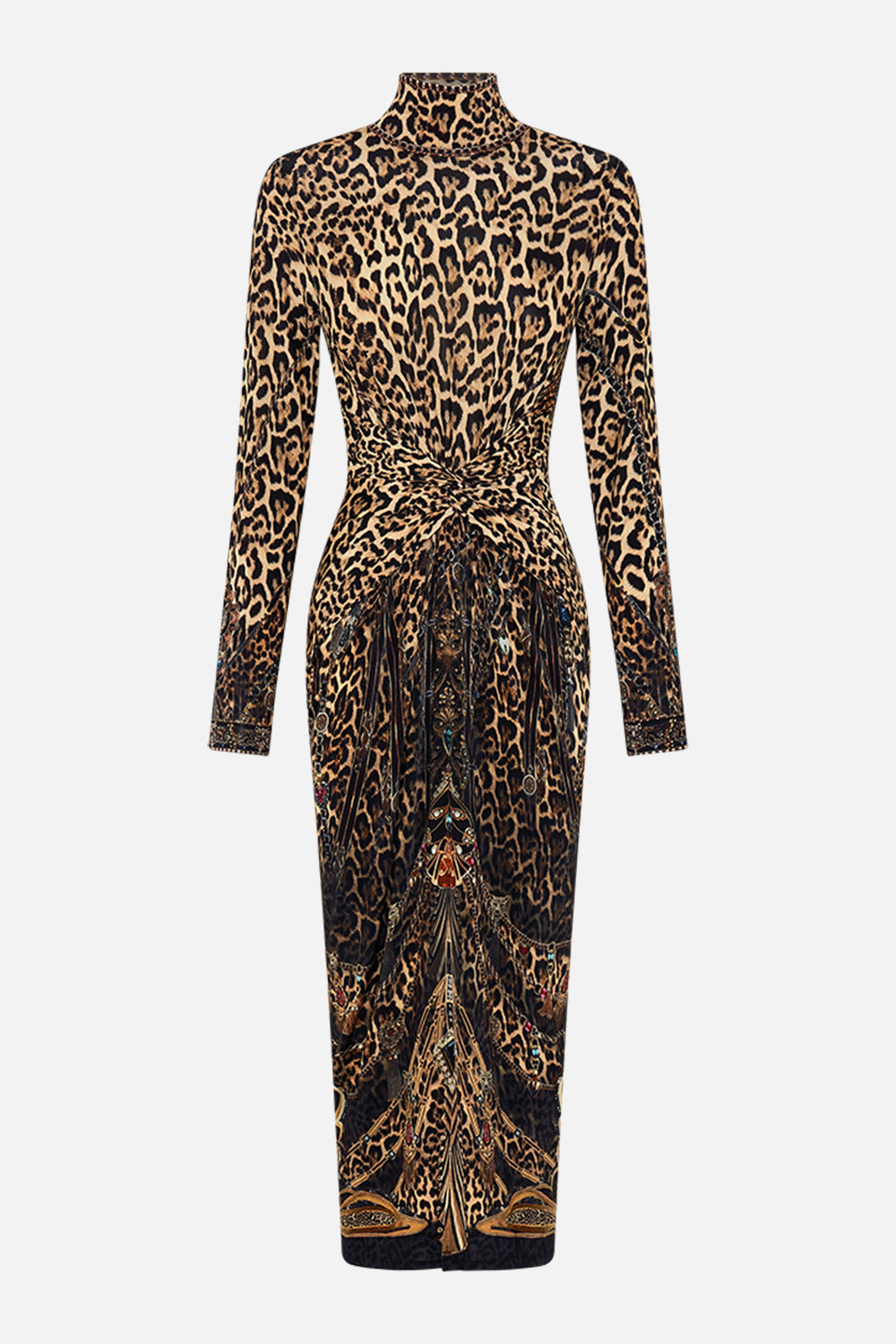 CAMILLA leopard turtle neck midi gathered jersey dress in Amsterglam print.