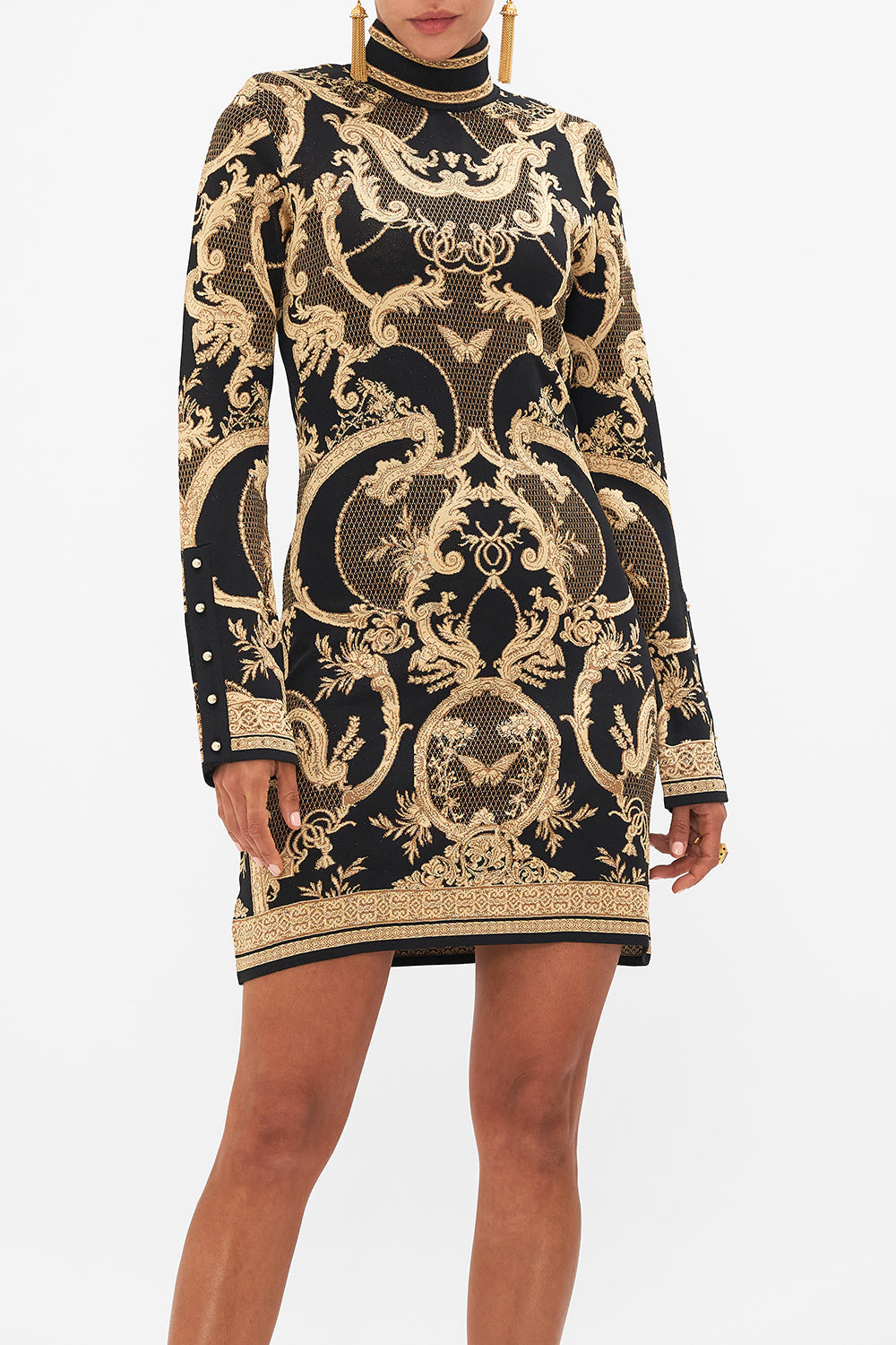 CAMILLA Black Jacquard Turtle Neck Short Knit Dress in Magic in the Manuscripts