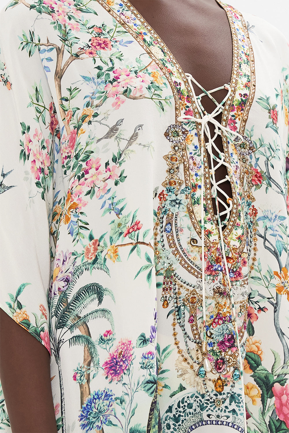 CAMILLA silk kaftan in Plumes and Parterres print