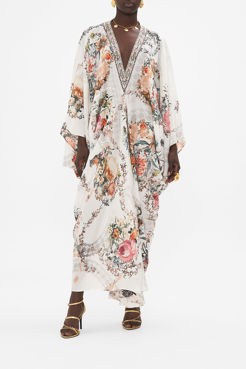 CAMILLA white kaftan in De Haar Memoirs print