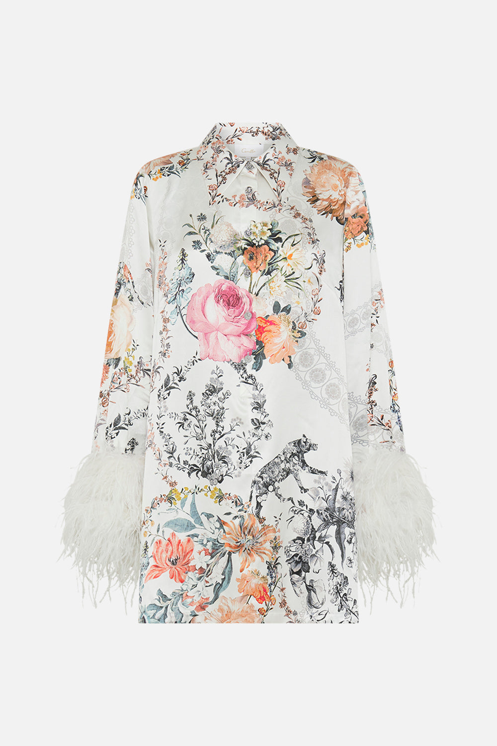 CAMILLA white mini dress with feathers in De Haar Memoirs print