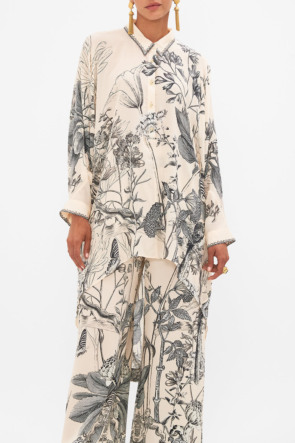 CAMILLA Multi Button Up Top with Draped Back in Etched into Eternity print