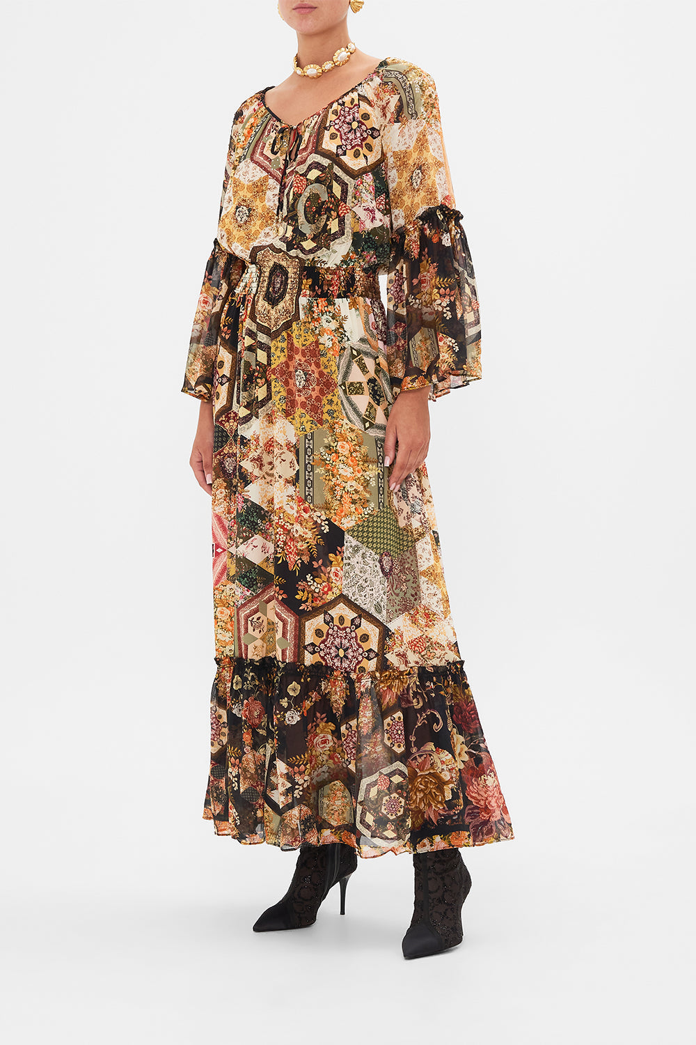 CAMILLA Floral Long Dress With Gathered Bell Sleeve in Stitched In Time print.