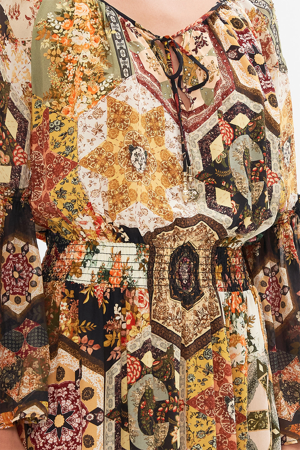 CAMILLA Floral Long Dress With Gathered Bell Sleeve in Stitched In Time print.