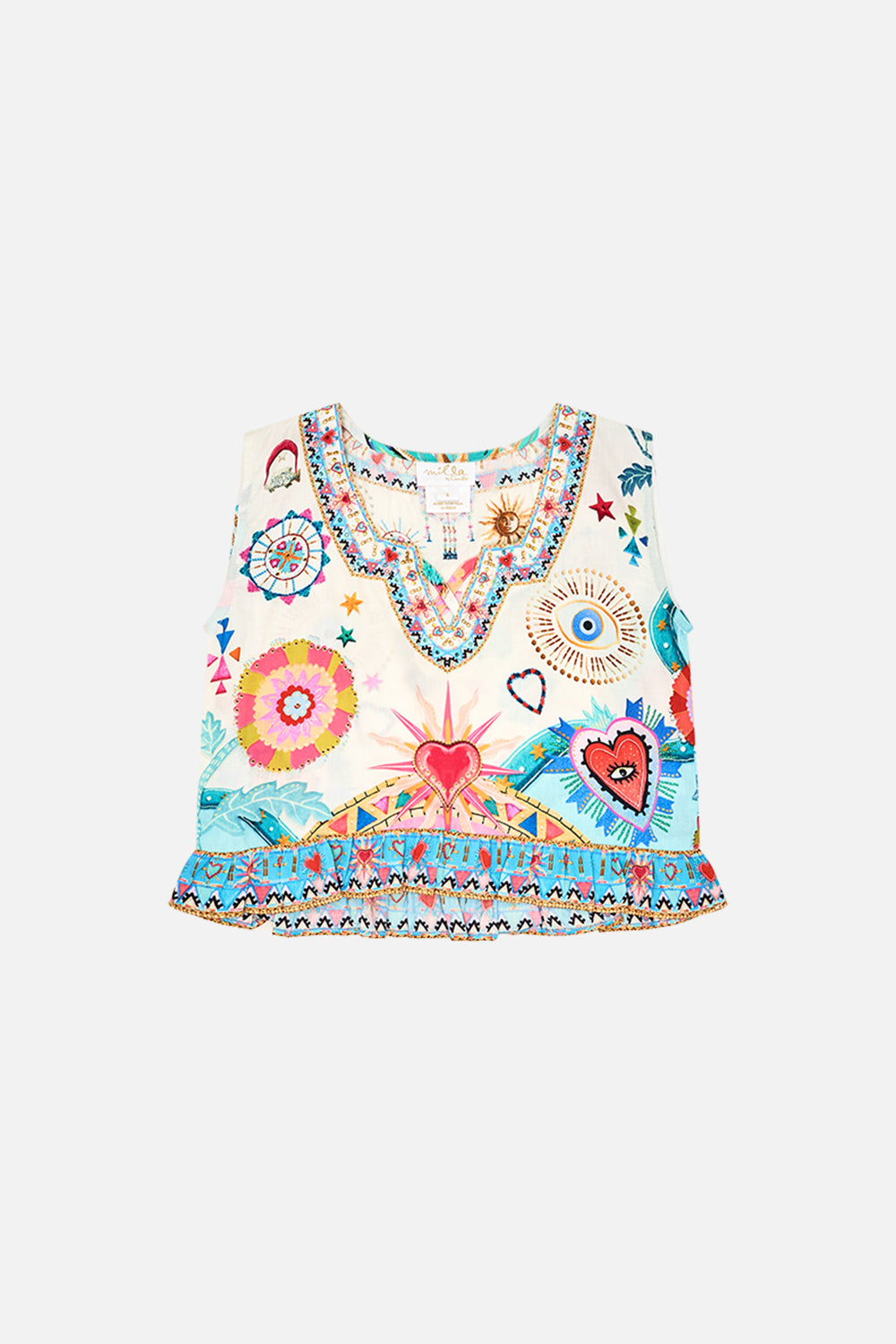 CAMILLA Kids Crop With Frill Hem 4-10 in Rainbow Roads print