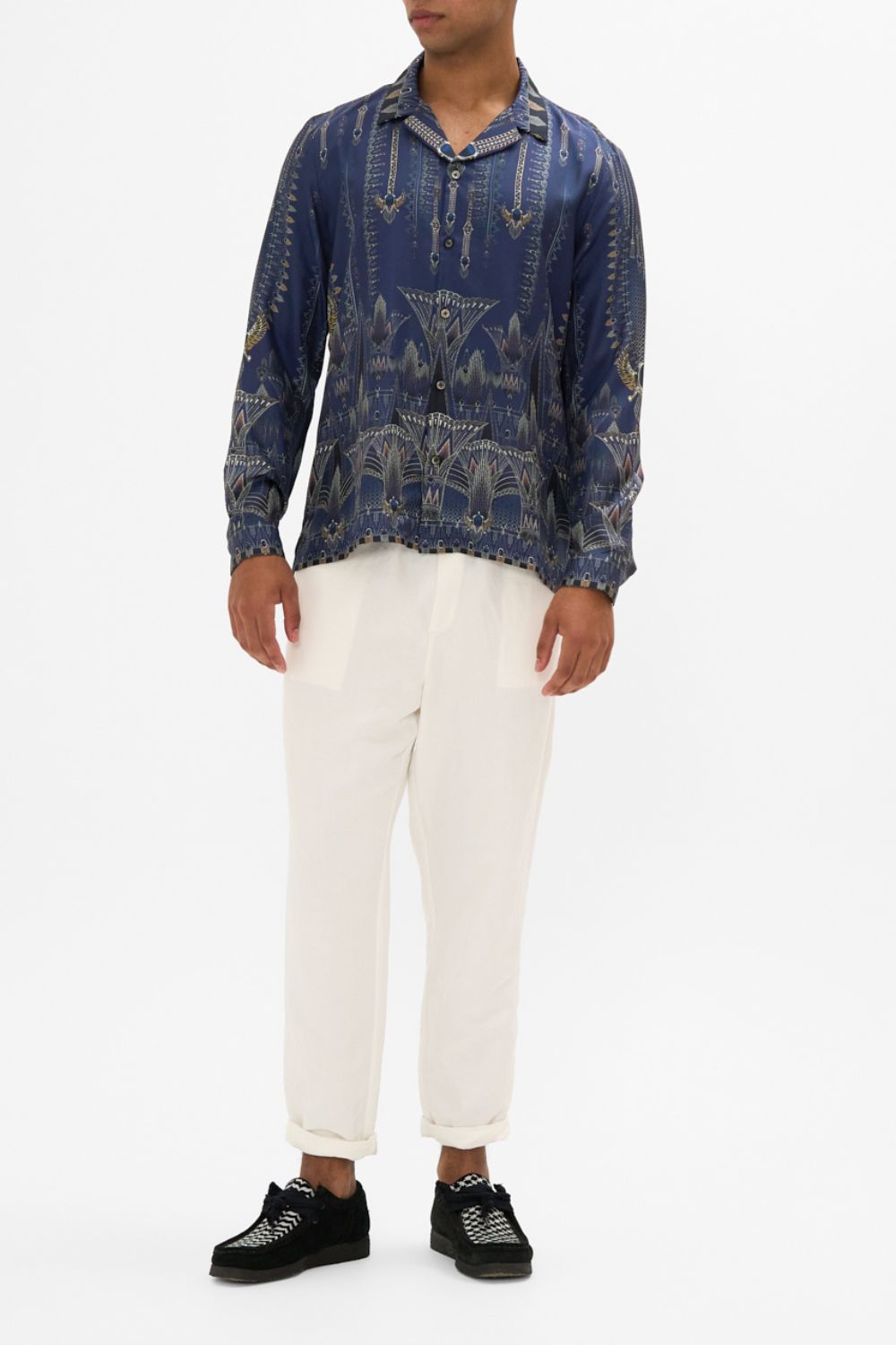 CAMILLA Long Sleeve Camp Collared Shirt in The Egypt Effect print