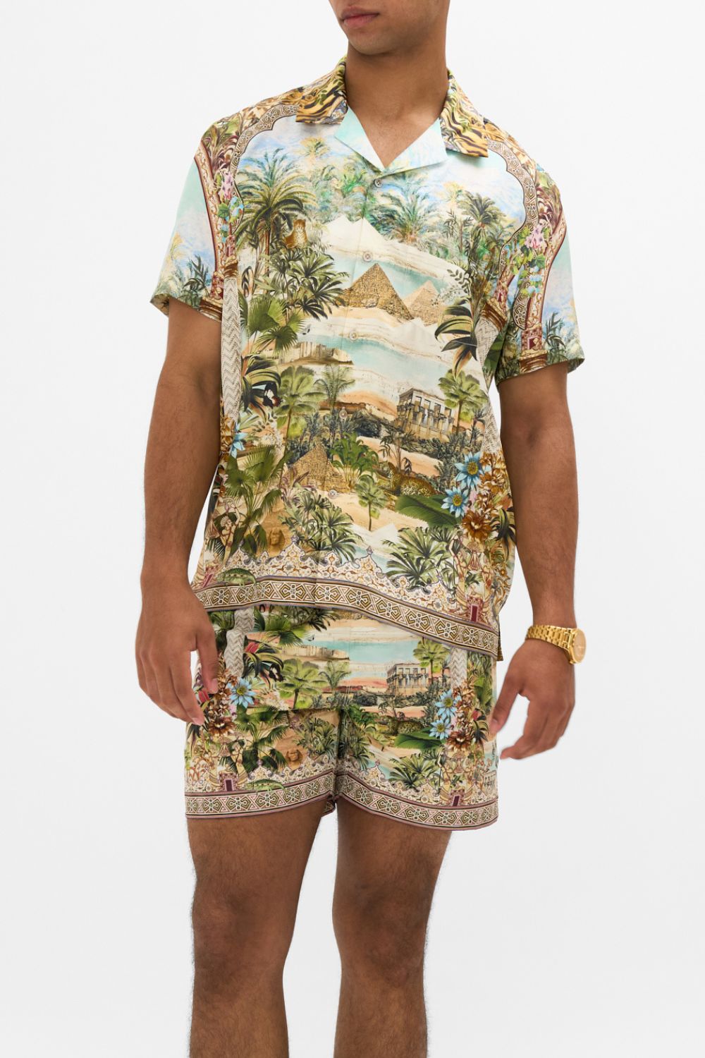 CAMILLA Short Sleeve Camp Collared Shirt in Views of the Valley Print