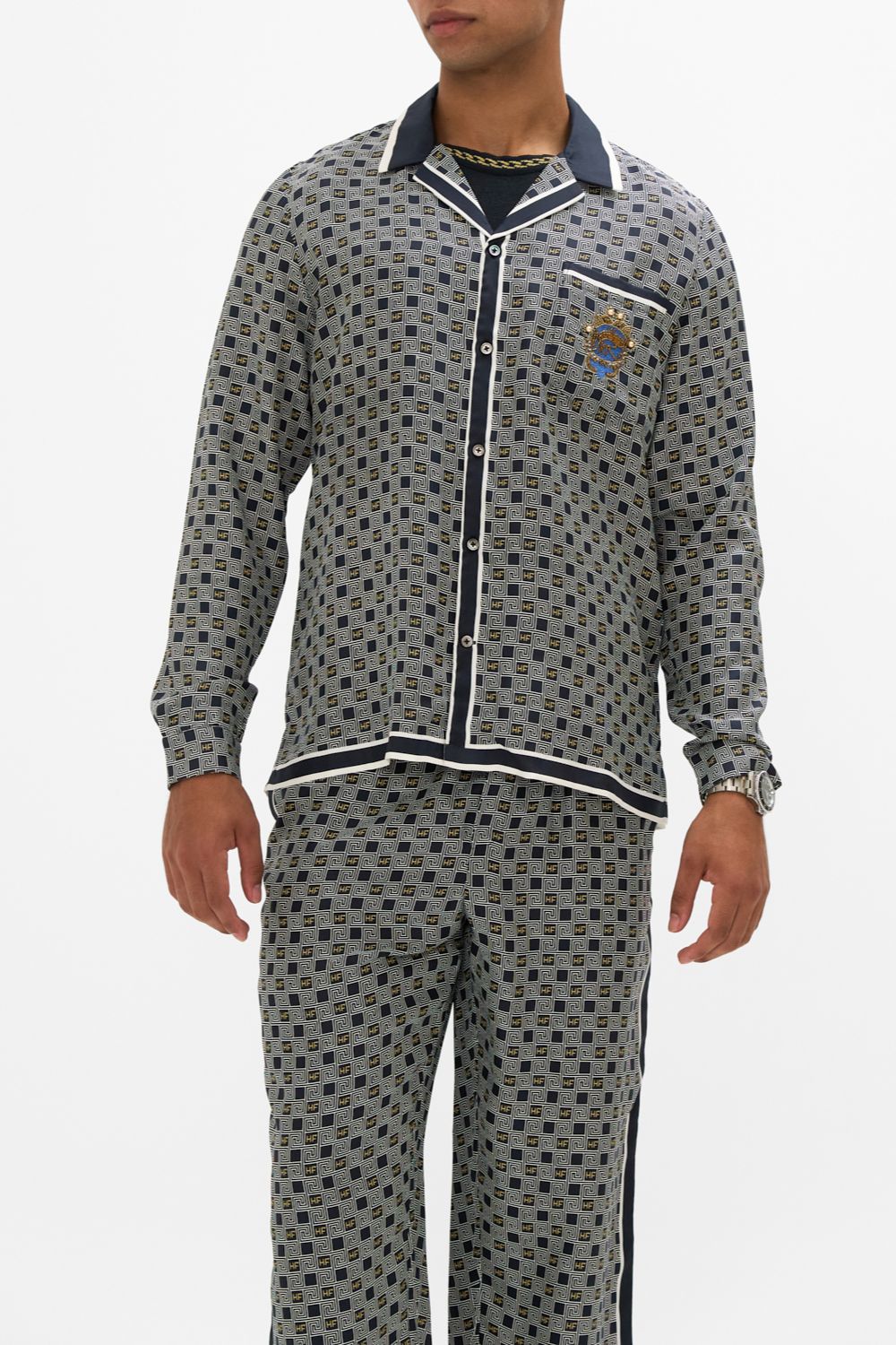 CAMILLA Long Sleeve Camp Collared Shirt in Riddle Of The Sphinx Print.