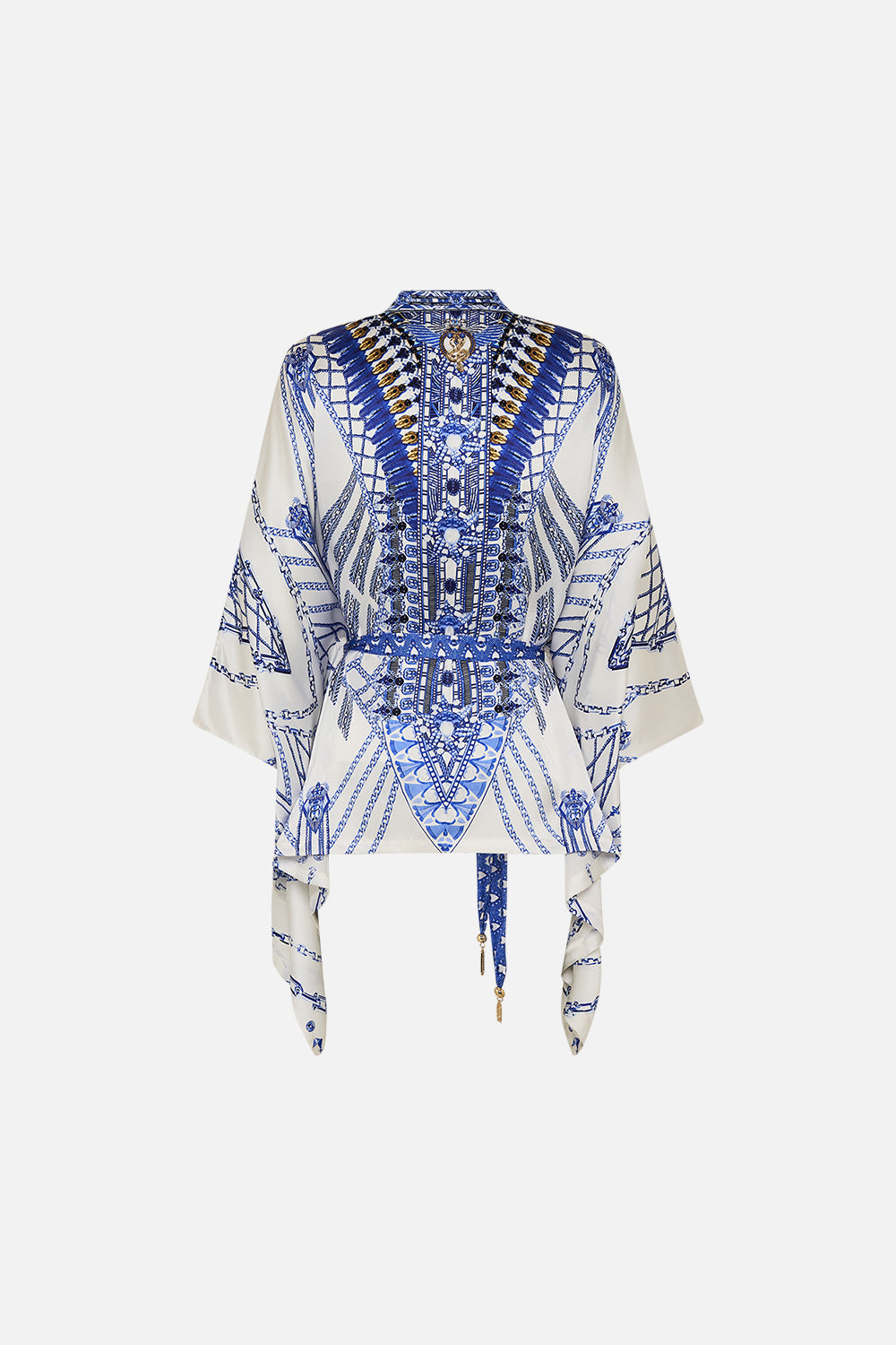 CAMILLA Button Through Scarf Blouse in Dancing with Daylight Print.
