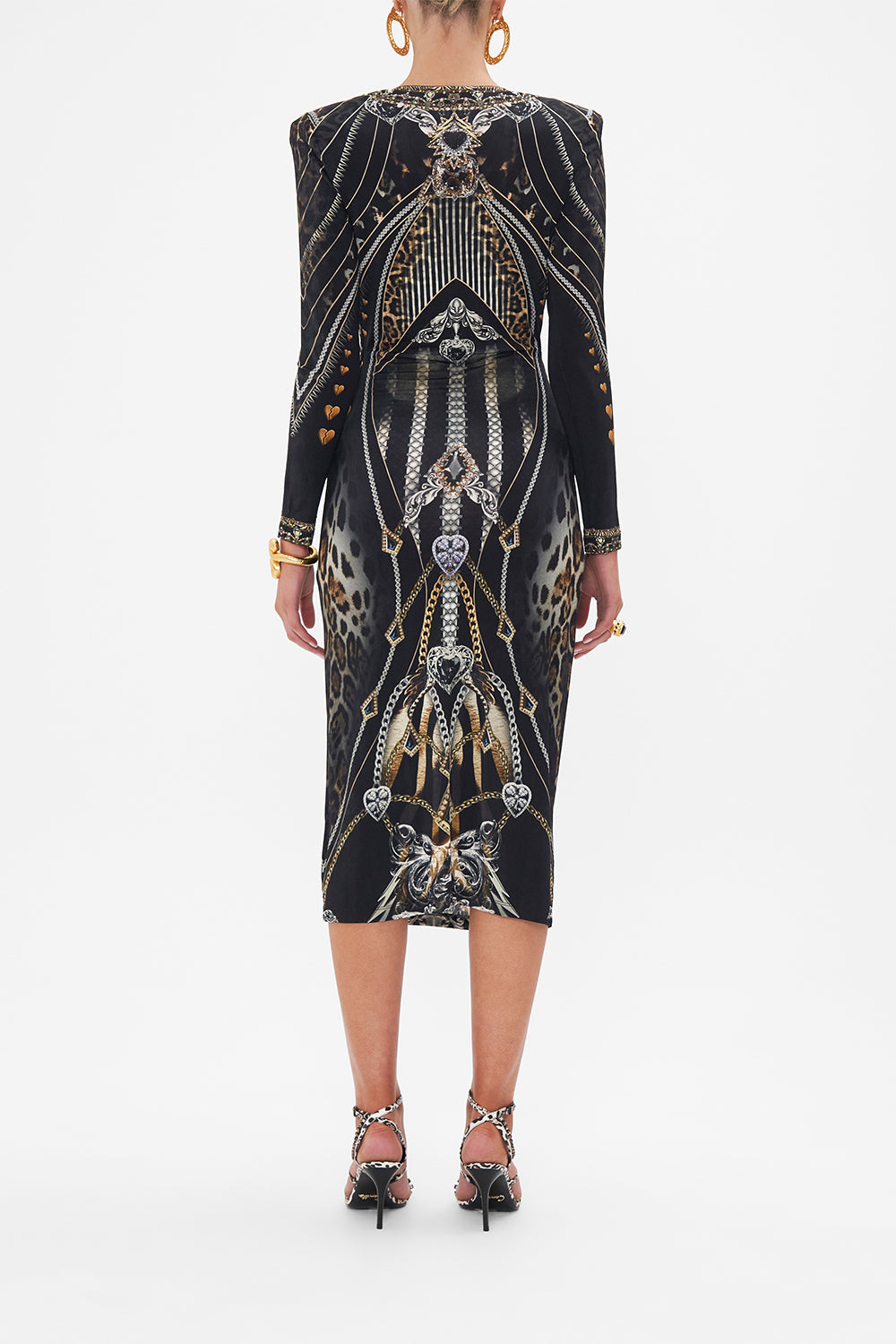 Back view of model wearing CAMILLA jersey midi dress in Chaos In The Cosmos animal print