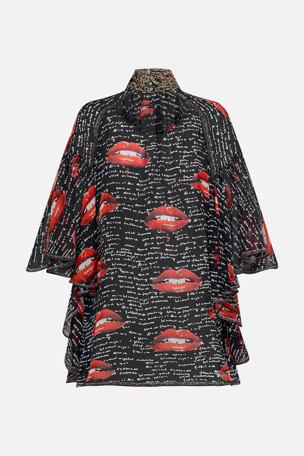 Back product view of CAMILLA black silk blouse in Chaos Magic print