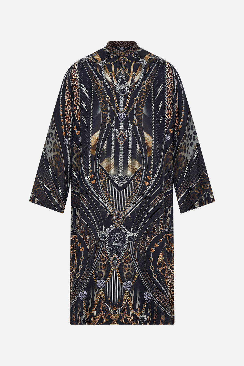 Front product view of Hotel Franks by CAMILLA mens silk kaftan in Chaos In The Cosmos animal print