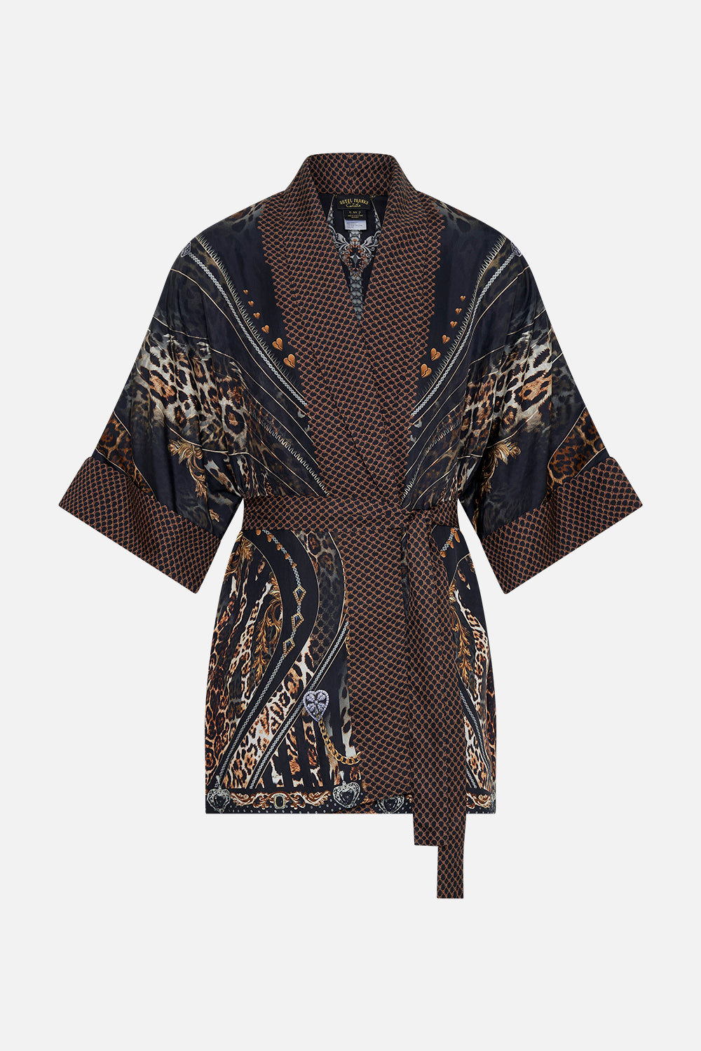 Product view of Hotel Franks by CAMILLA mens silk robe in Chaos In The Cosmos animal print