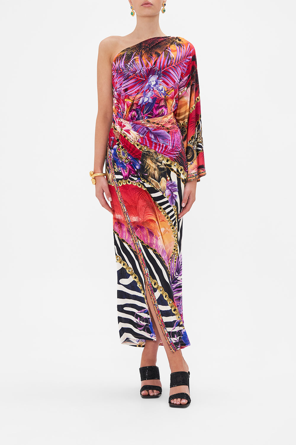 Front view of model wearing CAMILLA animal print one shoulder dress in Wild Loving print