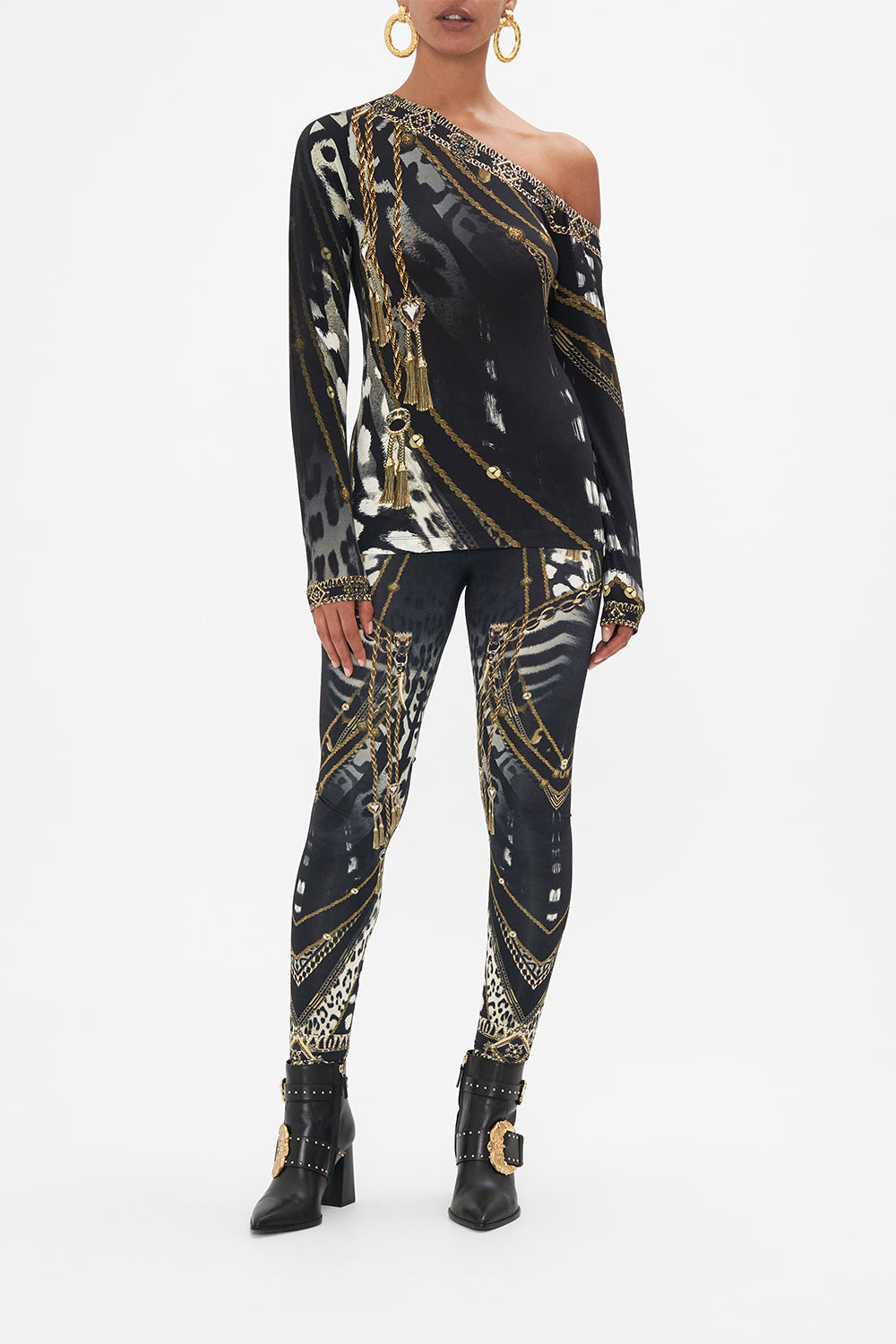 Front view of model wearing CAMILLA off shoulder top in Untamed Royalty print