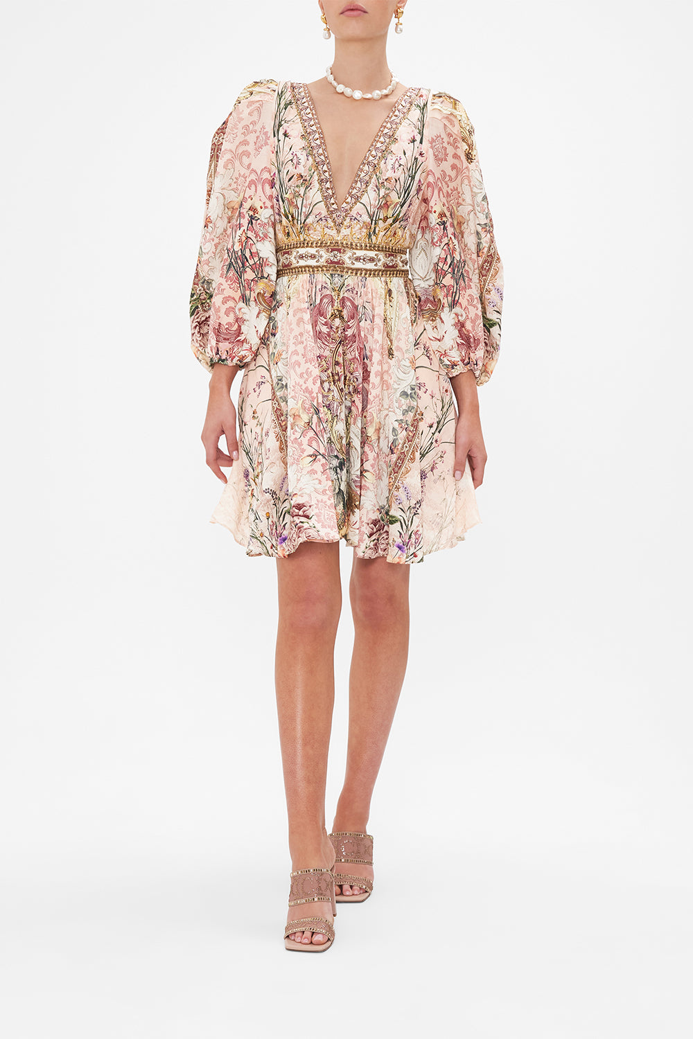 Front view of model wearing CAMILLA floral mini dress in Kissed By The Prince print