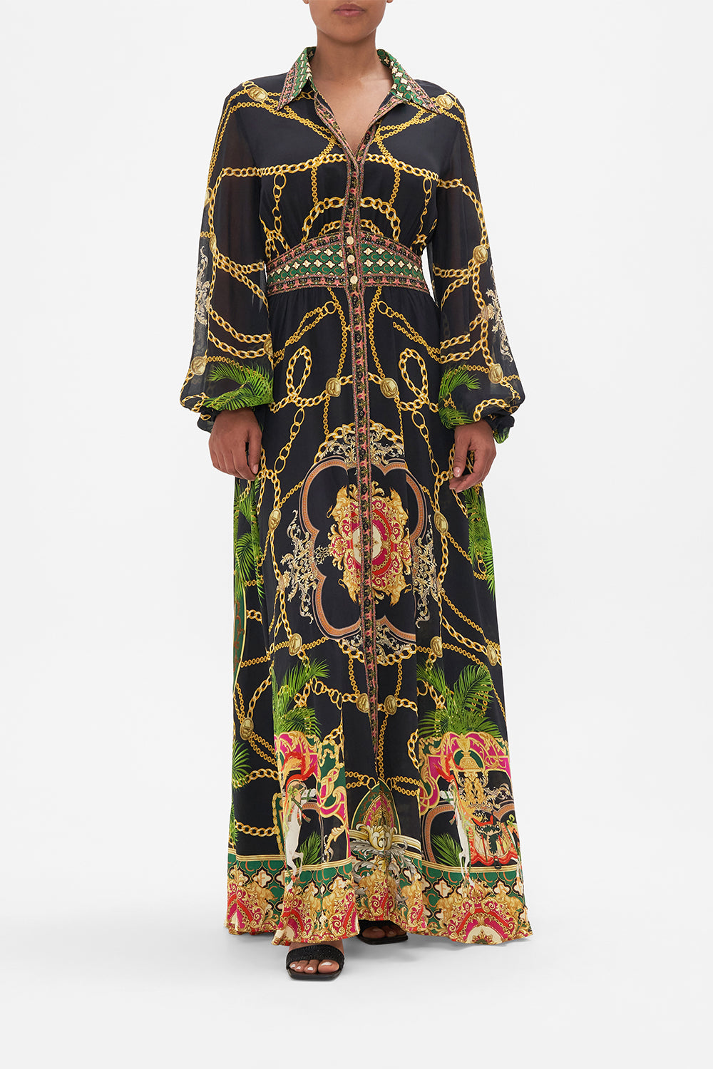 Front view of model wearing CAMILLA silk maxi dress in Jealousy And Jewels print